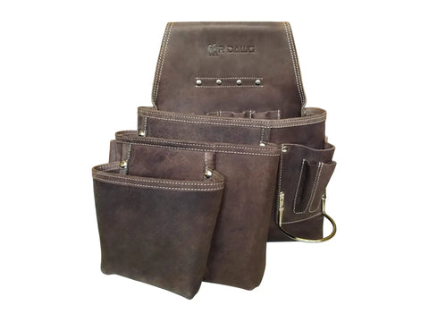 Top Grain Leather Construction Tool Pouch Dominant Right Side With 9 Pockets And A 3 Inch Belt Slit Pro Grade Built For Tough Tradesmen