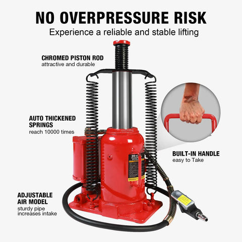 Big Red 20 Ton Air Hydraulic Bottle Jack Heavy Duty Professional Lifting Tool with built-in handle and adjustable height.