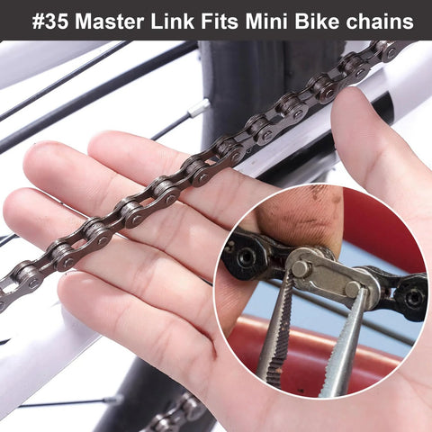 Close-up of 35 chain master link being installed on a mini bike chain, showcasing heavy-duty steel alloy connector for secure fit.