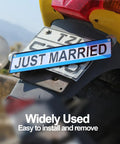 Just Married motorcycle license plate mounted on rear with easy installation, perfect for weddings and celebrations.