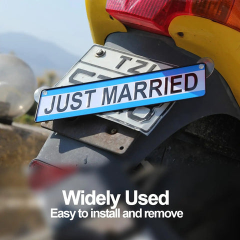 Just Married motorcycle license plate mounted on rear with easy installation, perfect for weddings and celebrations.