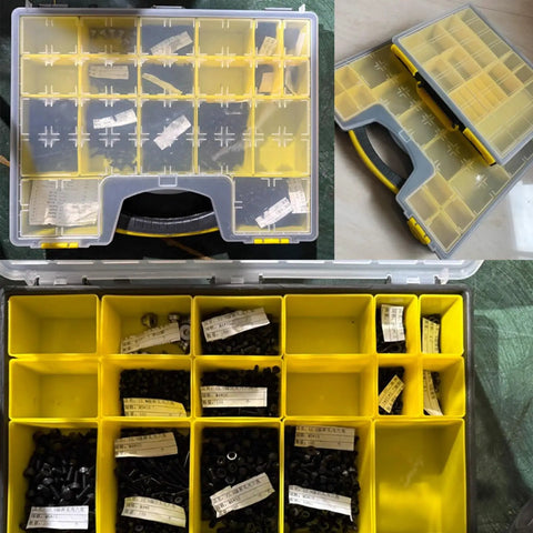 Adjustable Plastic Toolbox With Flexible 9 Compartment Layout open showing yellow bins filled with small parts, non slip handle