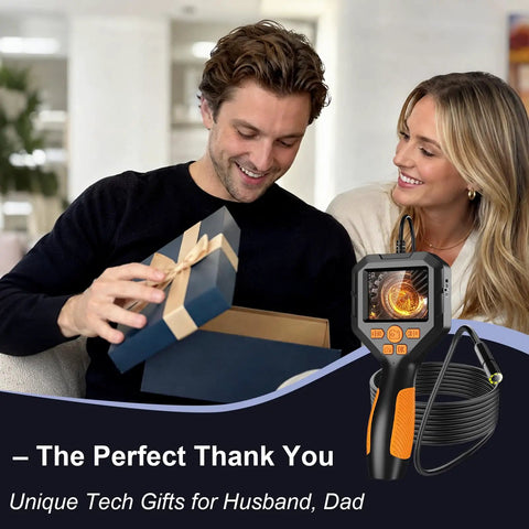 Unique Tech Gift For Men HD Borescope Camera With Light Flexible Inspection Tool For Home DIY Auto Projects And Gadgets Lovers Ideal Gift For Husband Dad Or Teen Tech Enthusiast And Collectors Of Dope Gadgets. handheld borescope with screen and 6.5ft cable shown with gift box