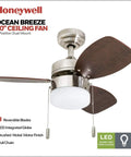 Ocean Breeze 30 Inch Ceiling Fan With Light Indoor LED, 3 Dual Finish Blades, Pull Chain, Satin Nickel And Light Oak Finishes