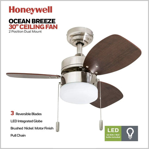 Ocean Breeze 30 Inch Ceiling Fan With Light Indoor LED, 3 Dual Finish Blades, Pull Chain, Satin Nickel And Light Oak Finishes