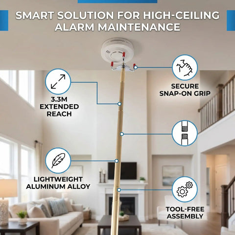 Heavy Duty Aluminum Alloy Smoke Detector Removal Tool With Extra Long Telescoping Pole For High Ceilings demonstrating 3.3m reach and secure grip.