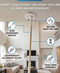 Heavy Duty Aluminum Reach Pole For Safe Smoke Detector Removal Up To 130 Inches Long shown extending to ceiling alarm in a living room.