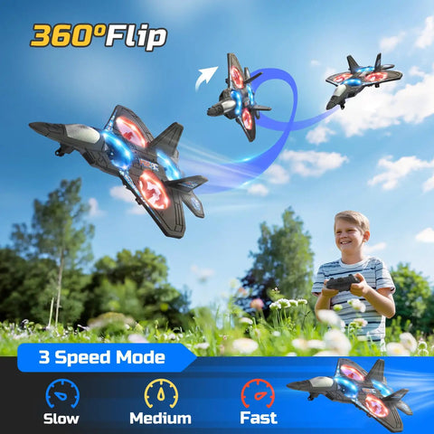 Kid flying Kids Foam RC Plane With LED Lights Remote Control Helicopter Toy Fighter Jet Auto Hover 360 Flip Easy To Fly
