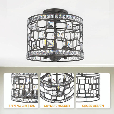 Crystal Decor Semi Flush Mount Ceiling Light Fixture In Modern Farmhouse Style, Easy Install For Bedroom, Dining Room, Hallway, And Living Areas, Elegant Glass Crystals, Classic Design, 11.8 Inch Diameter