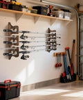 Solid Wood Wall Mount Fishing Rod Rack Keeps Your Poles Neatly Stowed Holds Up To 10 Fishing Rods Perfect Garage Or Shed Organizer With Waterproof Finish And Heavy Duty Stability installed in garage holding fishing rods