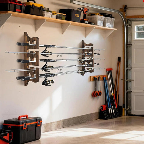 Solid Wood Wall Mount Fishing Rod Rack Keeps Your Poles Neatly Stowed Holds Up To 10 Fishing Rods Perfect Garage Or Shed Organizer With Waterproof Finish And Heavy Duty Stability installed in garage holding fishing rods