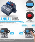 Heavy Duty 100 Amp Circuit Breaker With A No Hassle Manual Reset Lever Waterproof Housing and Rock Solid Terminals Rated For RVs Boats Trolling Motors Truck Gear Solar Banks and DC Battery Pack Installations, showing manual and automatic reset buttons.
