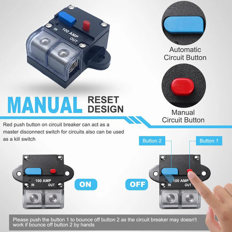 Heavy Duty 100 Amp Circuit Breaker With A No Hassle Manual Reset Lever Waterproof Housing and Rock Solid Terminals Rated For RVs Boats Trolling Motors Truck Gear Solar Banks and DC Battery Pack Installations, showing manual and automatic reset buttons.