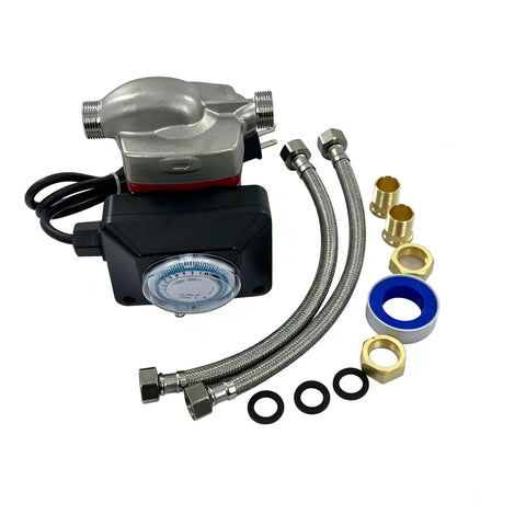 Premium 115V Hot Water Pressure Booster Pump ThreeSpeed Stainless Steel Circulator with hoses and fittings for plumbing upgrades.