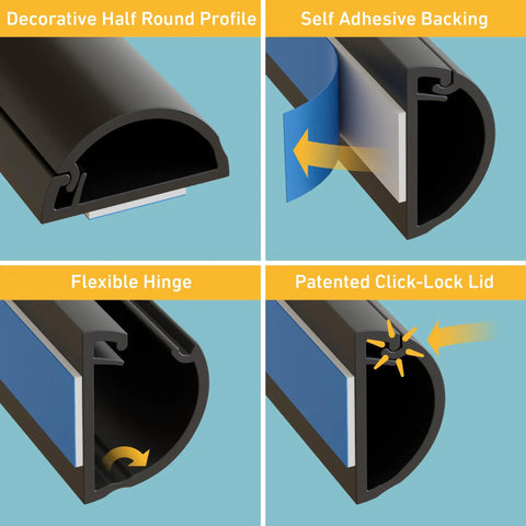 Cord Hider Kit Paintable Black Peel And Stick 4 Pack Each 39 Inch Lengths showing profile, adhesive, hinge, click-lock lid features.