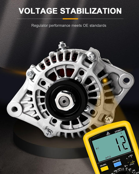 Front view of Plug And Play Alternator Replacement For Mazda Protege 1999 2000 2001 2002 2003 And Protege5 2002 2003 High Output Direct Fit Unit Ready To Install 13719 Durable Tested For Quick Install with voltage reading