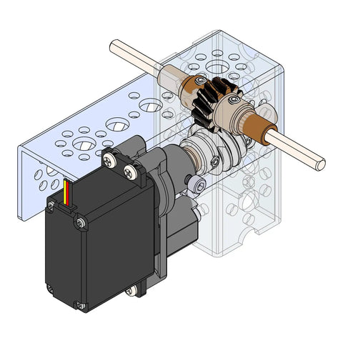Diagram of Aluminum Worm Gear Drivebox 4 To 1 For Robotics Builds with channel, axles, bushings, and precision spur gear and worm set