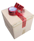 Tamper-evident security packing tape, red, 2-inch wide, shown on a sealed cardboard box with a roll and taped seam.