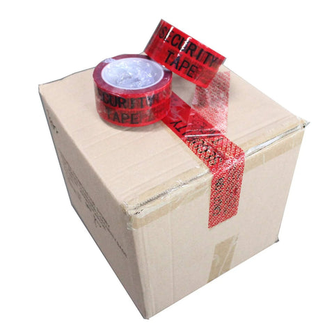 Tamper-evident security packing tape, red, 2-inch wide, shown on a sealed cardboard box with a roll and taped seam.