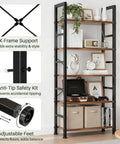 Industrial 5 Tier Bookshelf With Sturdy Metal Frame And Open Wooden Shelves Free Standing Bookcase for living rooms.