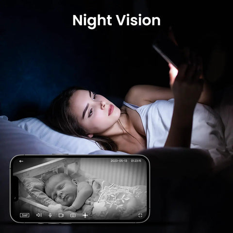 Woman using phone to monitor baby with 2K Indoor Security Camera With 360 Degree Pan Tilt, 2.4Ghz WiFi, night vision feature.