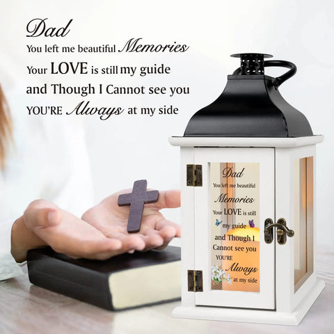Memorial Lantern For Dad Loss Sympathy Gift with poem, flameless candle, wood and glass. Remembrance lantern for grieving loved ones.
