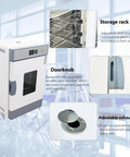 Horizontal Electric Blast Drying Oven Built Tough As Nails For Daily Lab Heating Featuring Rust Resistant Finish Coat And Spotless Stainless Chamber Premium Quality Construction Guaranteed, showing adjustable storage rack slot, modern doorknob, and exhaust port.