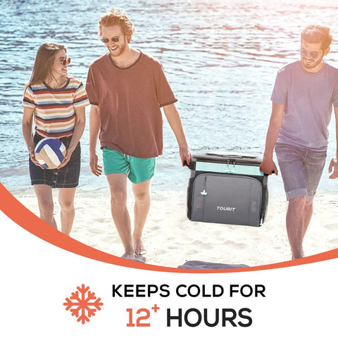 Three people carrying a 50 Can Collapsible Rolling Cooler With Wheels And All Terrain Cart on a beach, suitable for camping.
