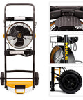 Heavy Duty 300 Lb Hand Truck That Converts To A 5 In 1 Mobile Workshop With Built In 3 Speed Fan And LED Light For Tough On Site Jobs Keeps You Cool While You Work And Makes Tool Transport A Breeze, showing front view with wheels, fan, and LED light.