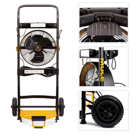 Heavy Duty 300 Lb Hand Truck That Converts To A 5 In 1 Mobile Workshop With Built In 3 Speed Fan And LED Light For Tough On Site Jobs Keeps You Cool While You Work And Makes Tool Transport A Breeze, showing front view with wheels, fan, and LED light.