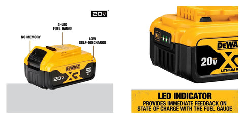 20V Max XR Premium 5.0Ah Battery Pack Two Pack With 3 LED Fuel Gauge Longer Run Time For High Demand Power Tools Lightweight Lithium Ion Dual Battery Set