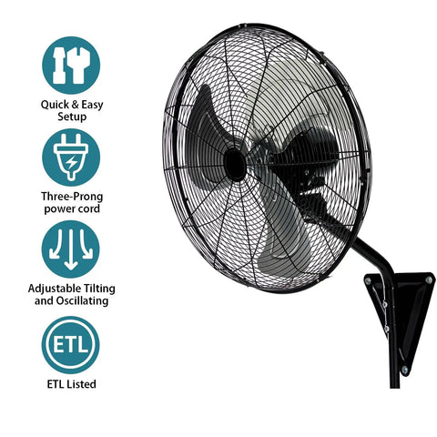 20 Inch High Velocity Wall Mount Fan With 7000 CFM Beast Wind, 120 Degree Oscillation, 3 Speed Settings, Industrial Grade, ETL Listed