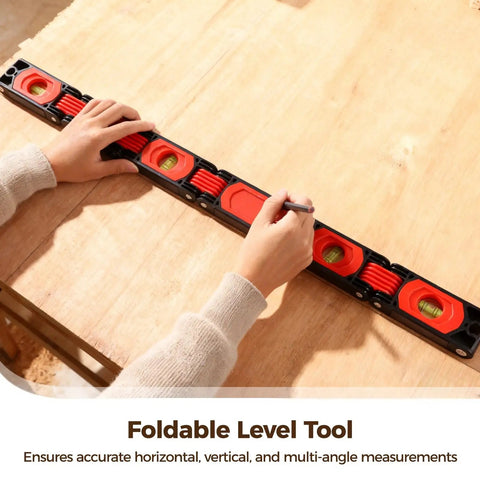 Foldable Level Tool For Woodworking With 180 Degree, 90 Degree, And 45 Degree Bubbles, Pro Grade Multi Function Leveler With Strong Holding Base, ABS Shell, 6 Fold Design, Portable Angle Tool, Unfolds To 28.3 Inches. Hands using foldable level tool on plywood