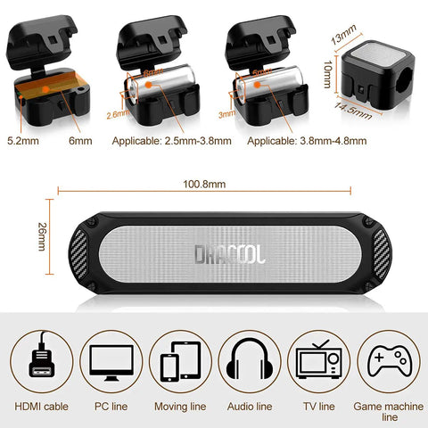 Magnetic Cable Holder Six Slot Cable Clips dimensions and usage guide with icons for HDMI, PC, audio, TV, and game lines.