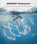 Exploded view of 60 Meter Waterproof Case With Floating Handle Kit For DJI Osmo Action 6 showing glass optical lens and lock release