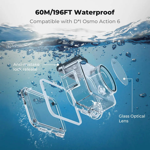 Exploded view of 60 Meter Waterproof Case With Floating Handle Kit For DJI Osmo Action 6 showing glass optical lens and lock release