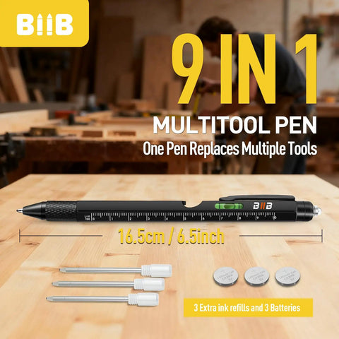 9 In 1 Multitool Pen Gift For Men Fathers Day Gift For Dad Husband Birthday Presents For Him With Replacement Refills And Batteries on workbench