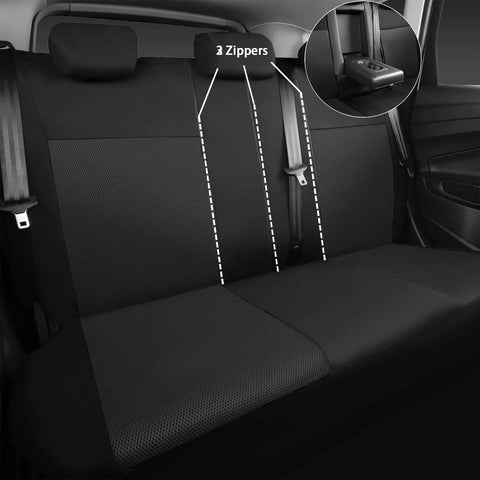 All Black 3D Air Mesh Car Seat Covers With 5mm Foam Padding, Airbag Compatible, Universal Fit For SUV Vans Sedans And Trucks, Full Set Interior Covers showing rear seat with zippers
