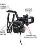 Close-up of Drop Away Rest With Right Hand Cable Drive Defy Micro, showing machined aluminum launcher arm and micro windage adjustment.