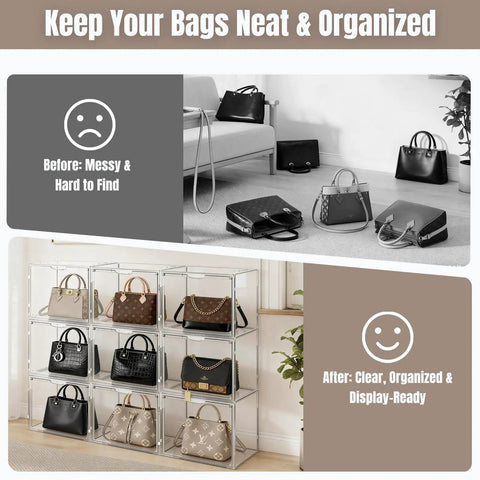 Before and after of bags organized in Three Pack Acrylic Purse Organizer for Closet Stackable Clear Handbag Storage Bins