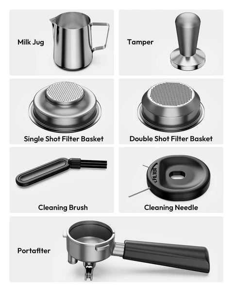 Espresso Machine With Built In Grinder And Milk Frother 20 Bar Coffee Maker For Home Baristas accessories including tamper, portafilter, and filter baskets