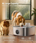 Cordless Wide Tray Dog Water Fountain With 5000mAh Battery Powered Pet Water Dispenser Three Motion Sensors Stainless Steel 8L Capacity Great For Multi Pets Easy Setup And Cleaning No Cords with cat and dog drinking from steel tray