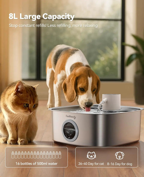 Cordless Wide Tray Dog Water Fountain With 5000mAh Battery Powered Pet Water Dispenser Three Motion Sensors Stainless Steel 8L Capacity Great For Multi Pets Easy Setup And Cleaning No Cords with cat and dog drinking from steel tray