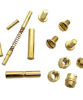 Straight Up Quality Polished Gold Plated 1911 Grip Screws Pins And Bushings Set assorted gold screws, pins, bushings for 1911 models.