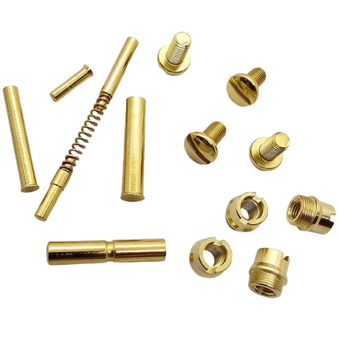 Straight Up Quality Polished Gold Plated 1911 Grip Screws Pins And Bushings Set assorted gold screws, pins, bushings for 1911 models.