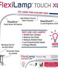 Diagram showing FlexiLamp Touch XL LED Nail Desk Lamp features like FlexiArm, EasyTouch brightness control, and removable clamp.