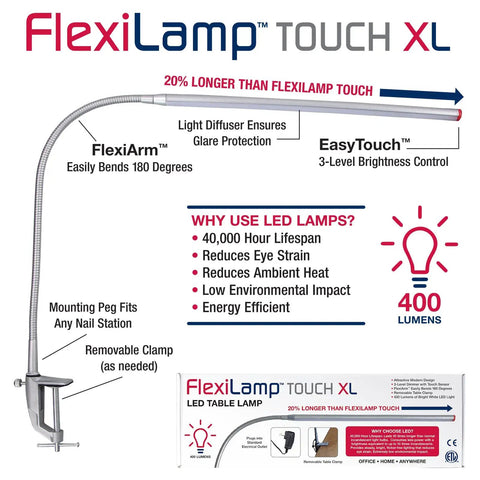 Diagram showing FlexiLamp Touch XL LED Nail Desk Lamp features like FlexiArm, EasyTouch brightness control, and removable clamp.