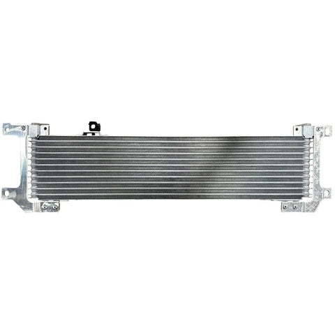 Get Your Ride Running Smooth With This High Performance Transmission Oil Cooler Built Specifically For Cadillac SRX And STS Models From 04 To 11 Featuring Durable Construction To Cool Down Heat And Prevent Slipping While You Cruise In Style., silver metal transmission oil cooler with mounting brackets, front view