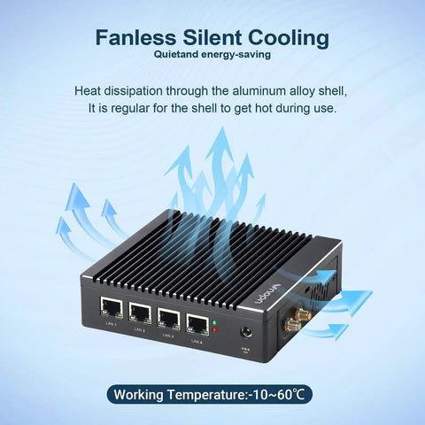 Fanless Micro Firewall Appliance Heavy Hitter featuring Intel J3710, aluminum alloy cooling casing and four Ethernet ports.