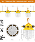 Diagram of 50 Foot LED Construction String Lights 75W 7500LM Industrial Grade Work Lights showing dimensions and bulb details